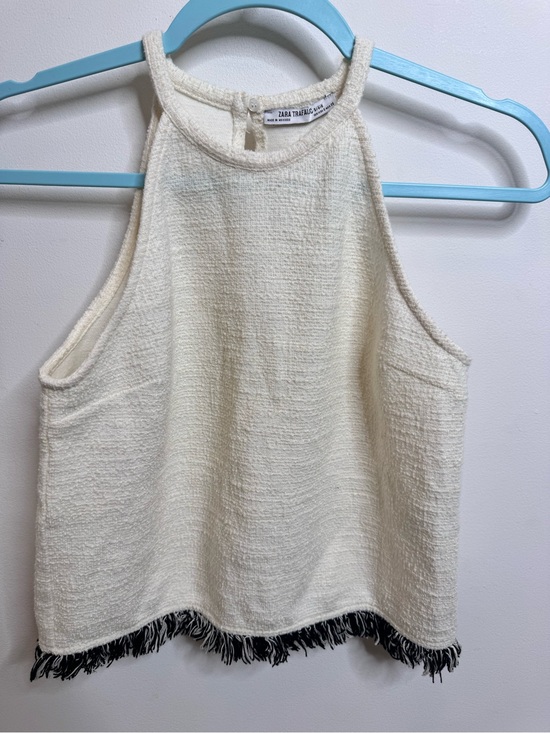 Zara Tops - Zara Trafalic Cream Tank with Black Fringe Trim